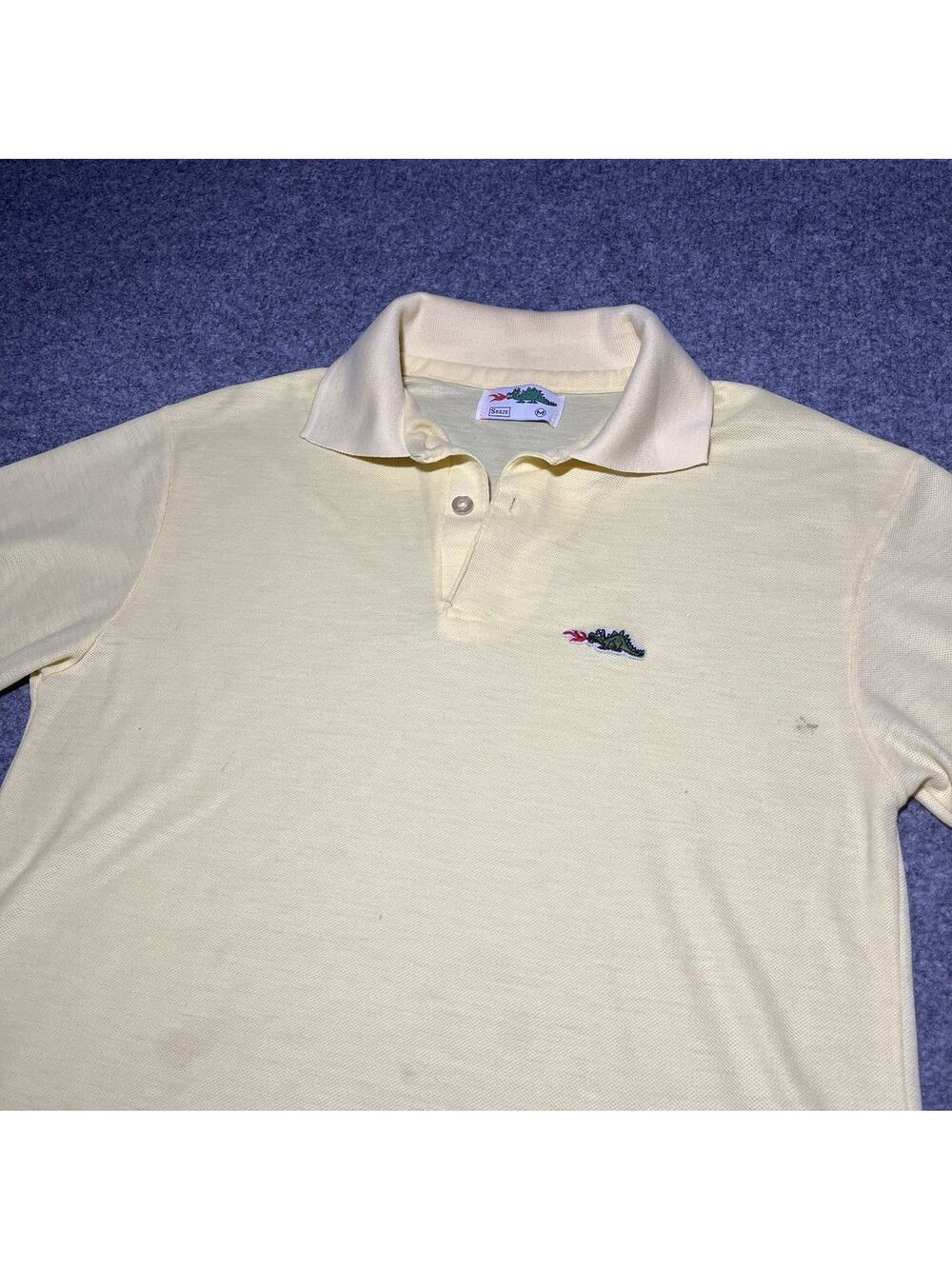 Vintage Sears Polo Shirt Mens Medium Yellow Dragon Embroidered Short Sleeve 70s